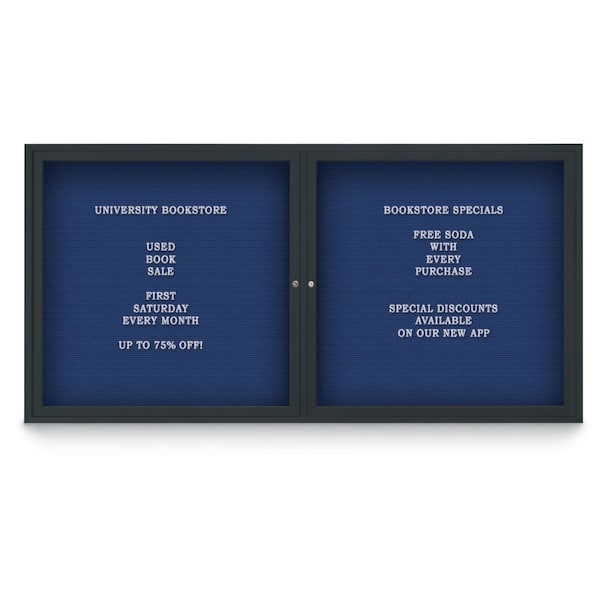 United Visual Products 72"x48" 3-Door Enclosed Outdoor Letterboard, Blue Felt/Black UV1164D-BLACK-BLUE - main